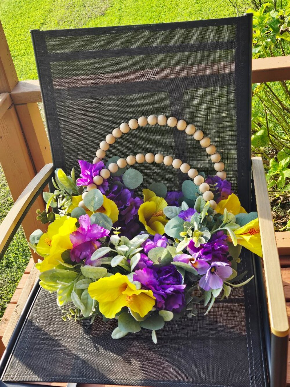 Yellow Purple Floral Wreath | Farmhouse Wood Bead Handle,  Fall Wreath